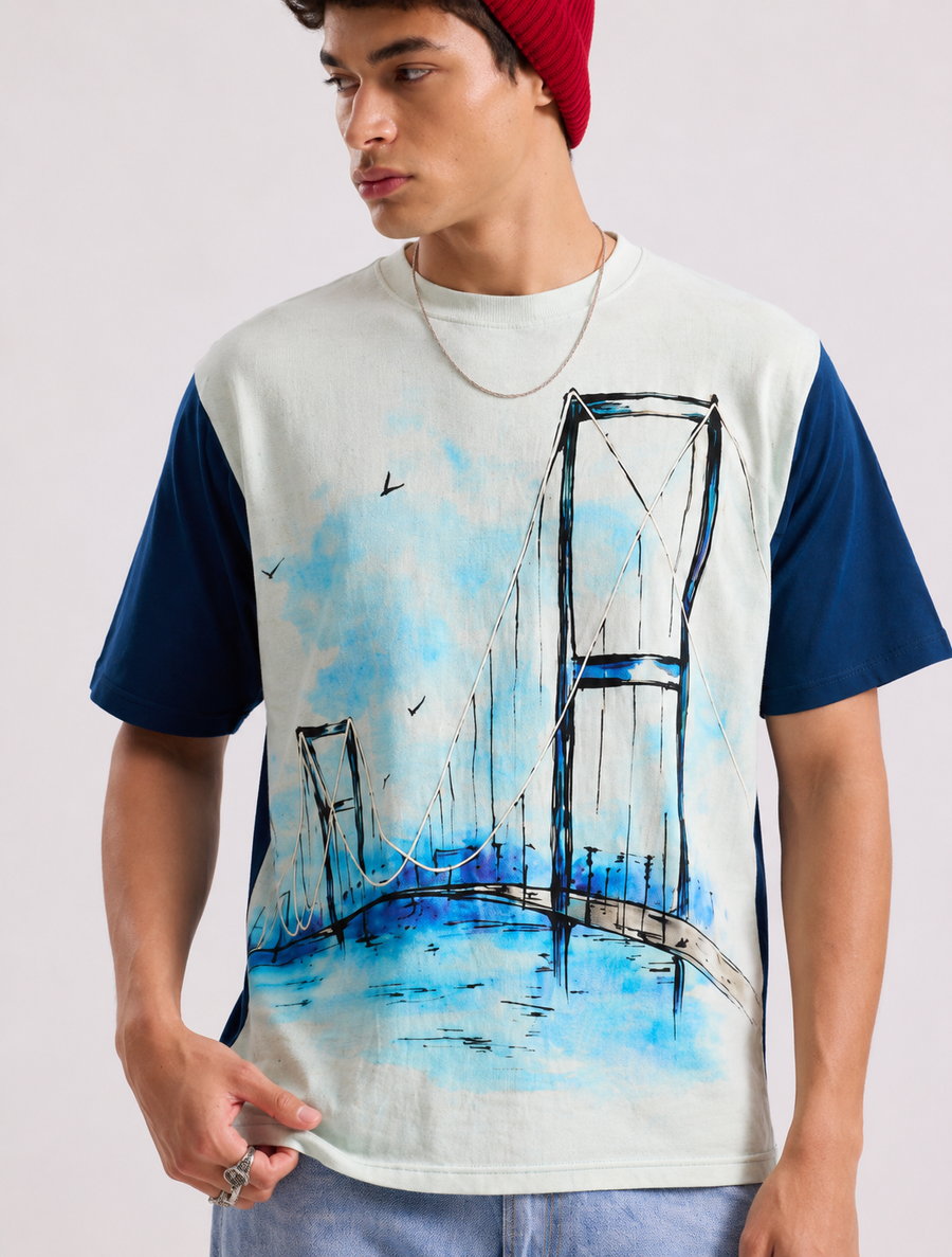White and Blue Bridge Print Oversized T-Shirt for Men