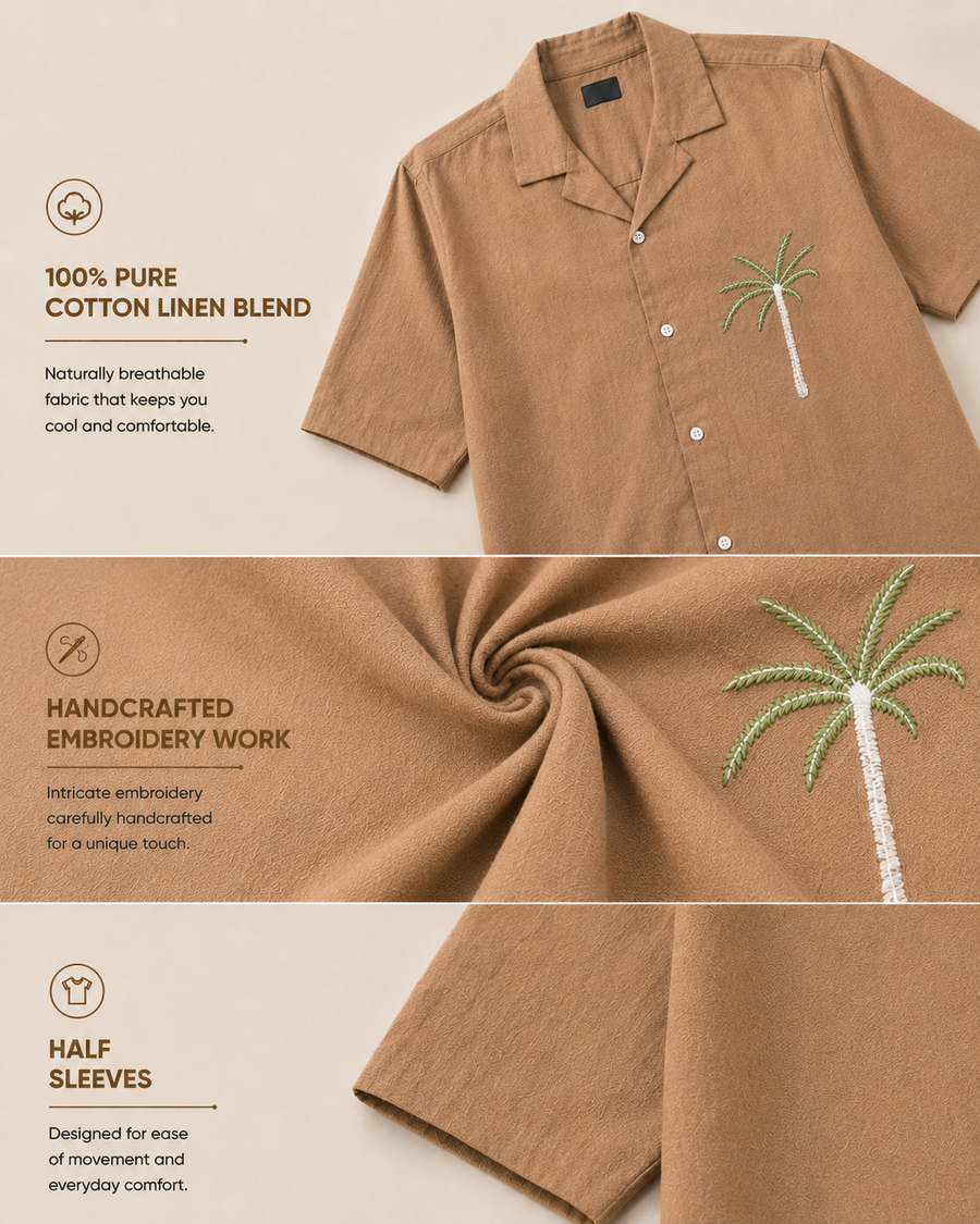Camel Brown Cuban Collar Shirt for Men