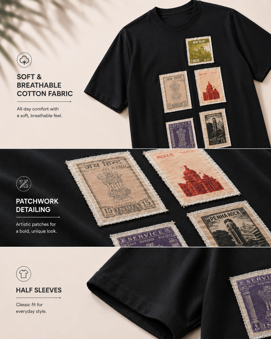 Black Patchwork Cotton T-Shirt for Men