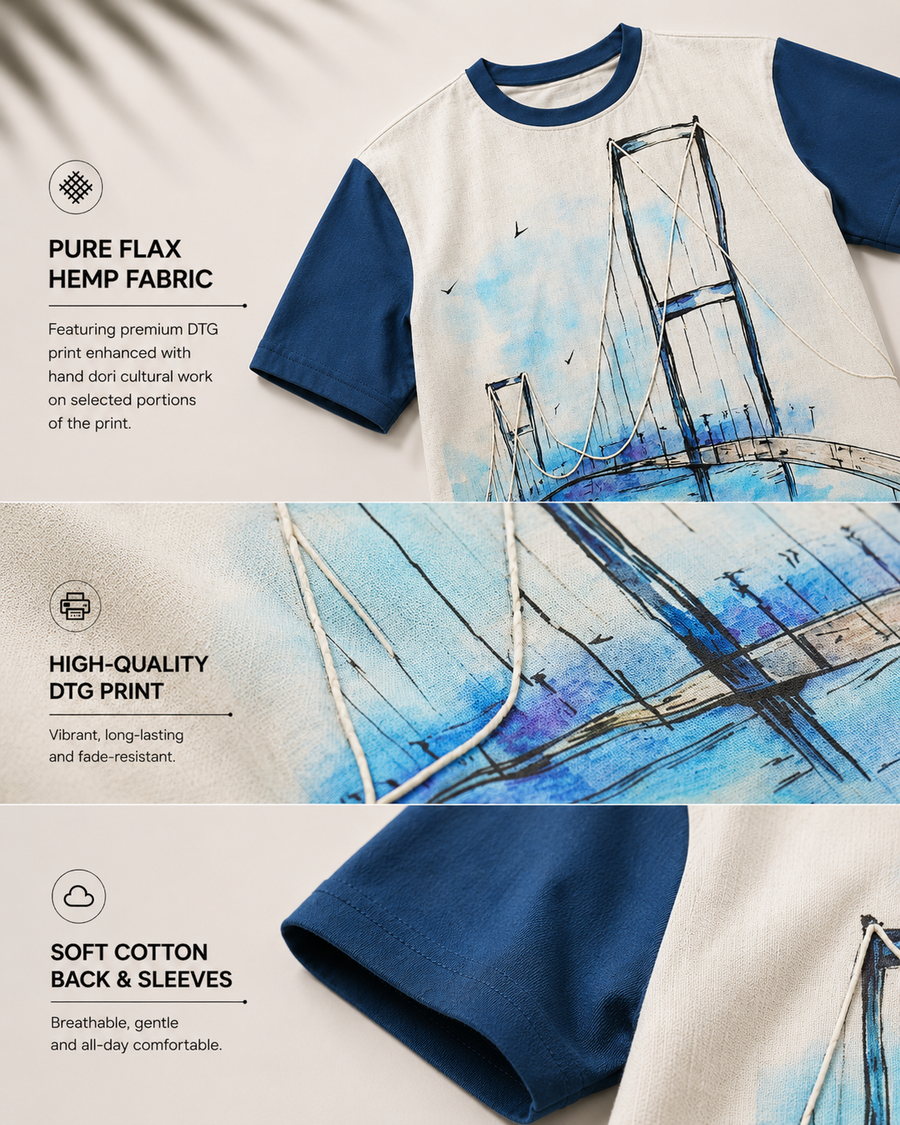 White and Blue Bridge Print Oversized T-Shirt for Men