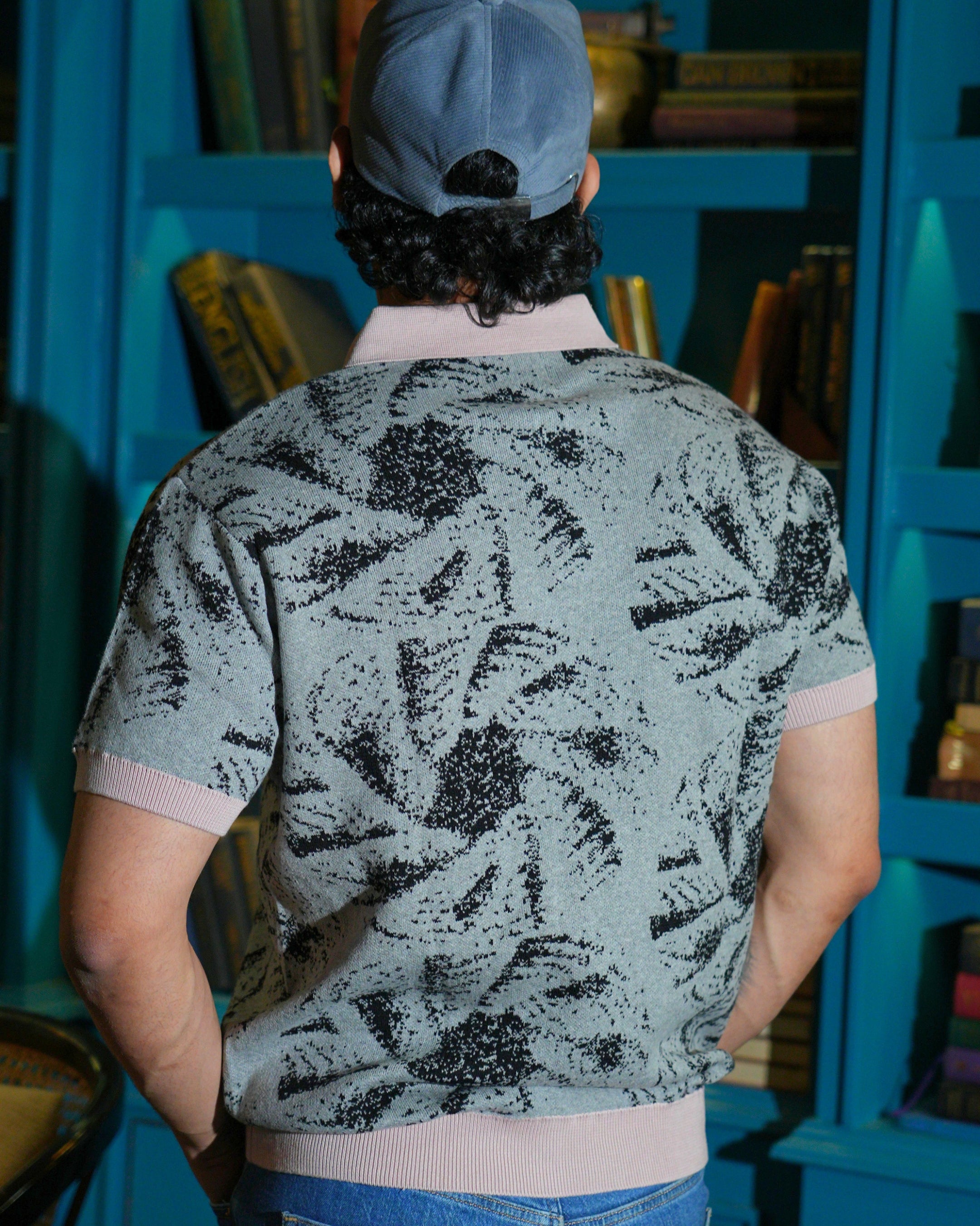 German Jacquard knitted premium heavy quality luxury wear contrast design Grey t-shirt