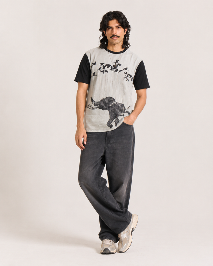 Grey Elephant Print Round Neck T-Shirt for Men