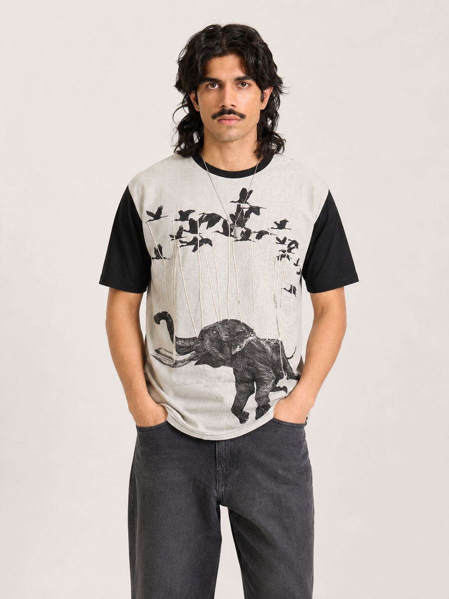 Grey Elephant Print Round Neck T-Shirt for Men
