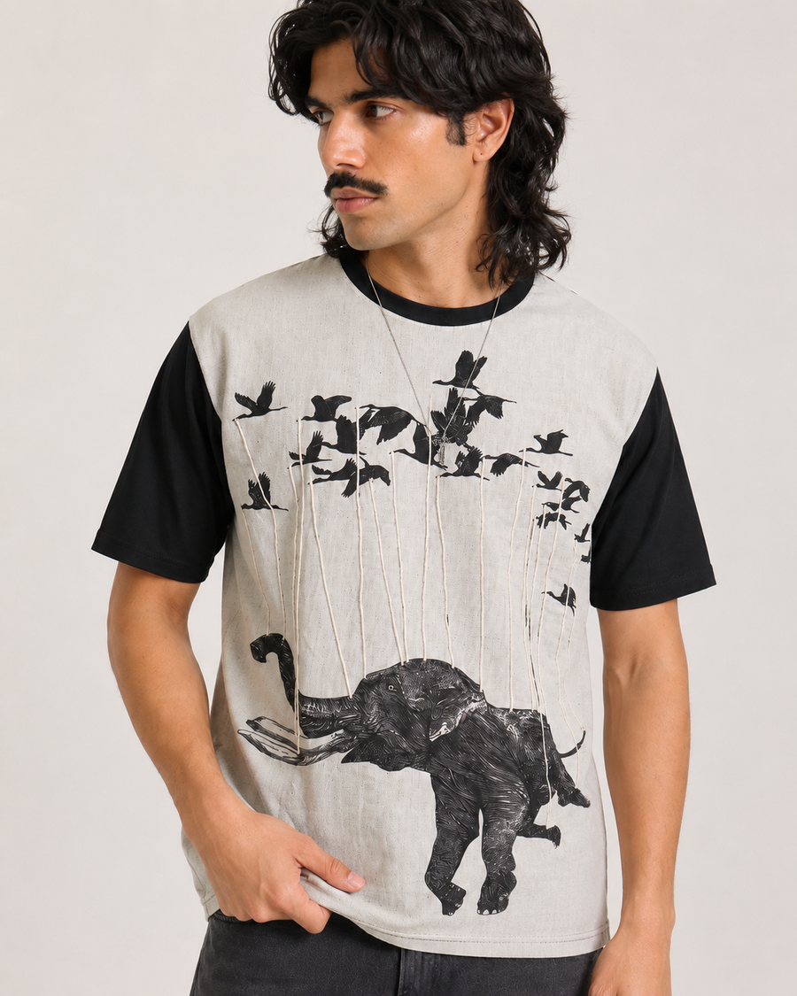 Grey Elephant Print Round Neck T-Shirt for Men
