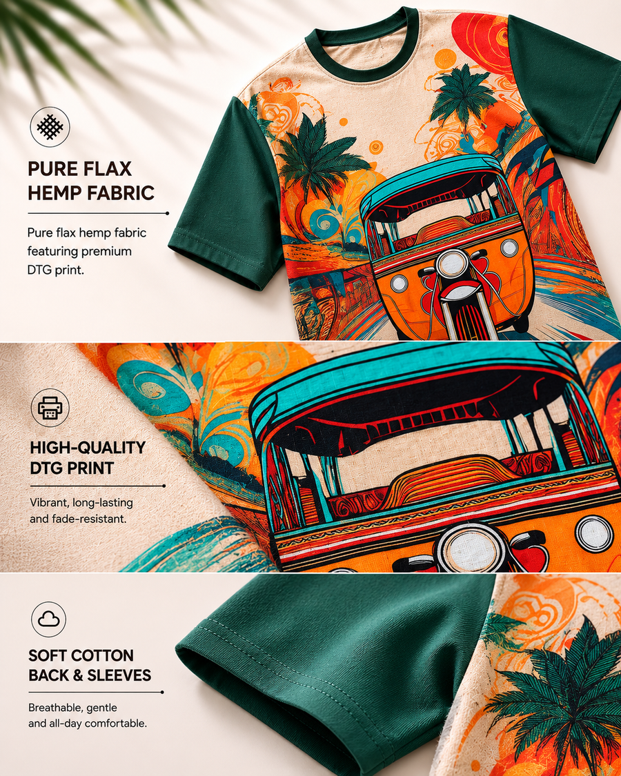 Green Hemp Casual Graphic T-Shirt for Men