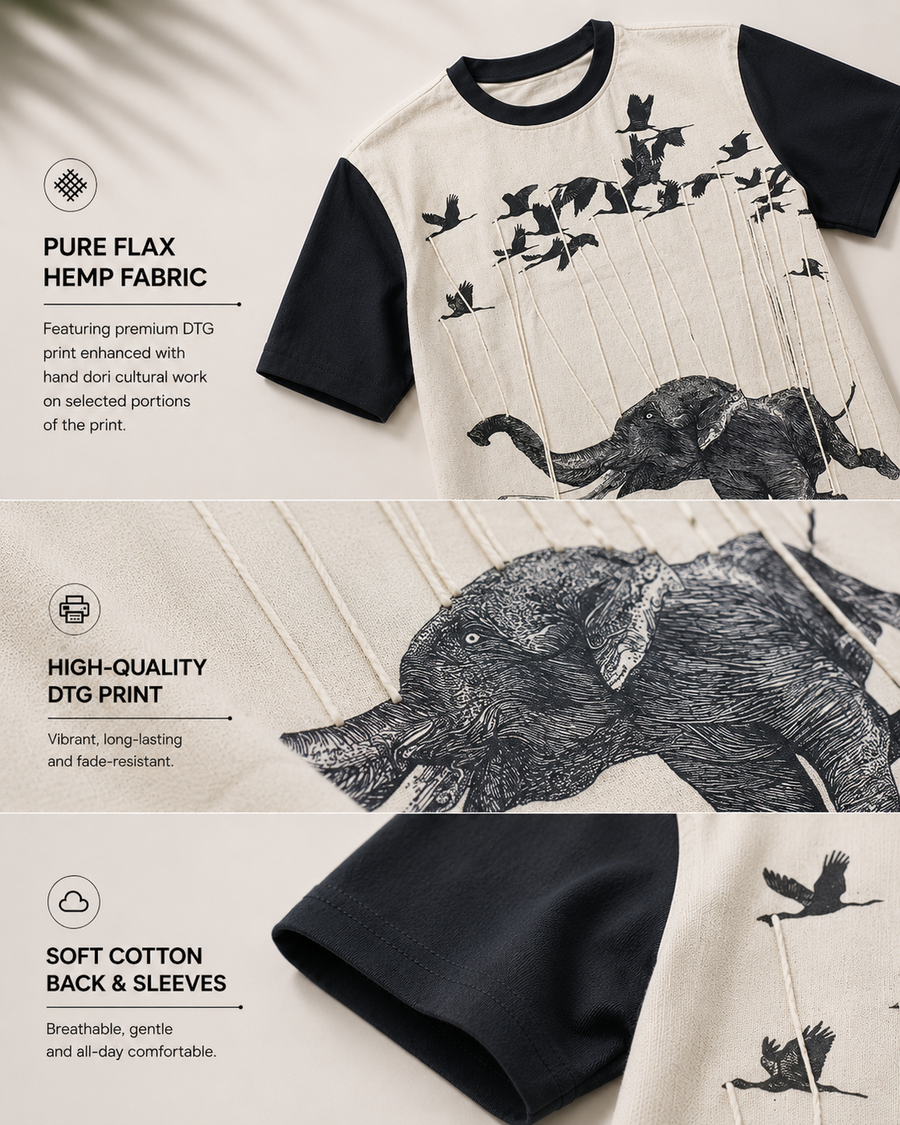 Grey Elephant Print Round Neck T-Shirt for Men