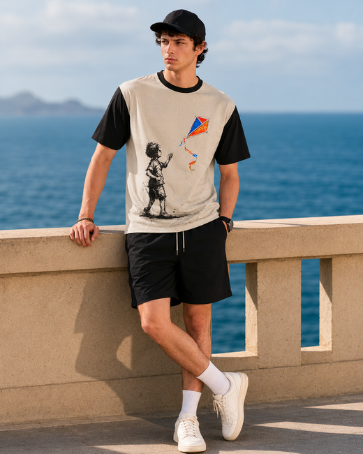 Beige Kite Print Oversized T-Shirt for Men