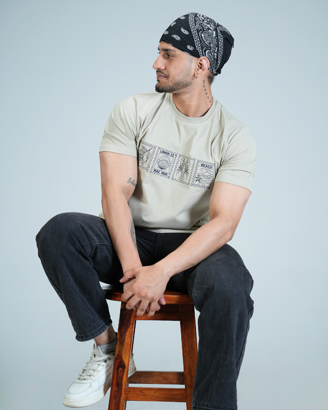 Premium Slumber Beige Round neck tshirt with embroidery