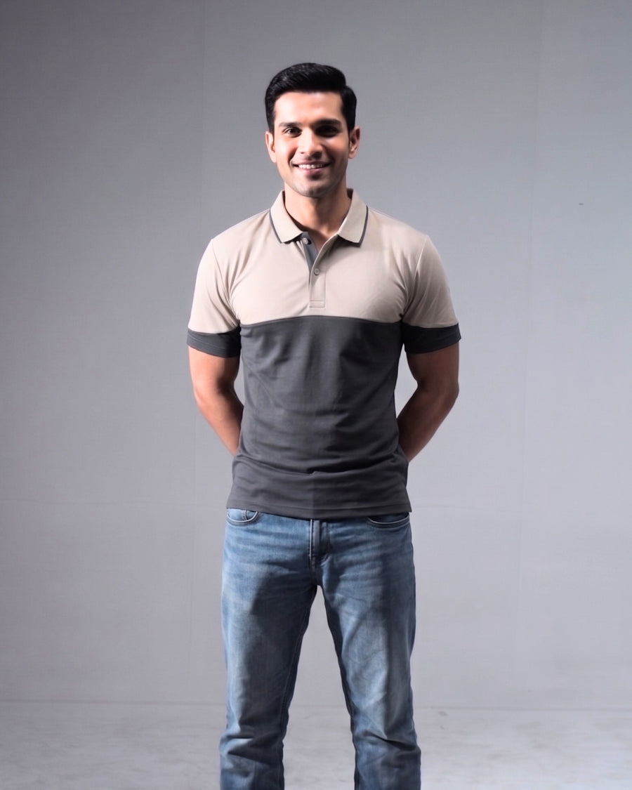 Premium Coal Grey Wrinkle-Free contrast assemble Polo T-Shirt