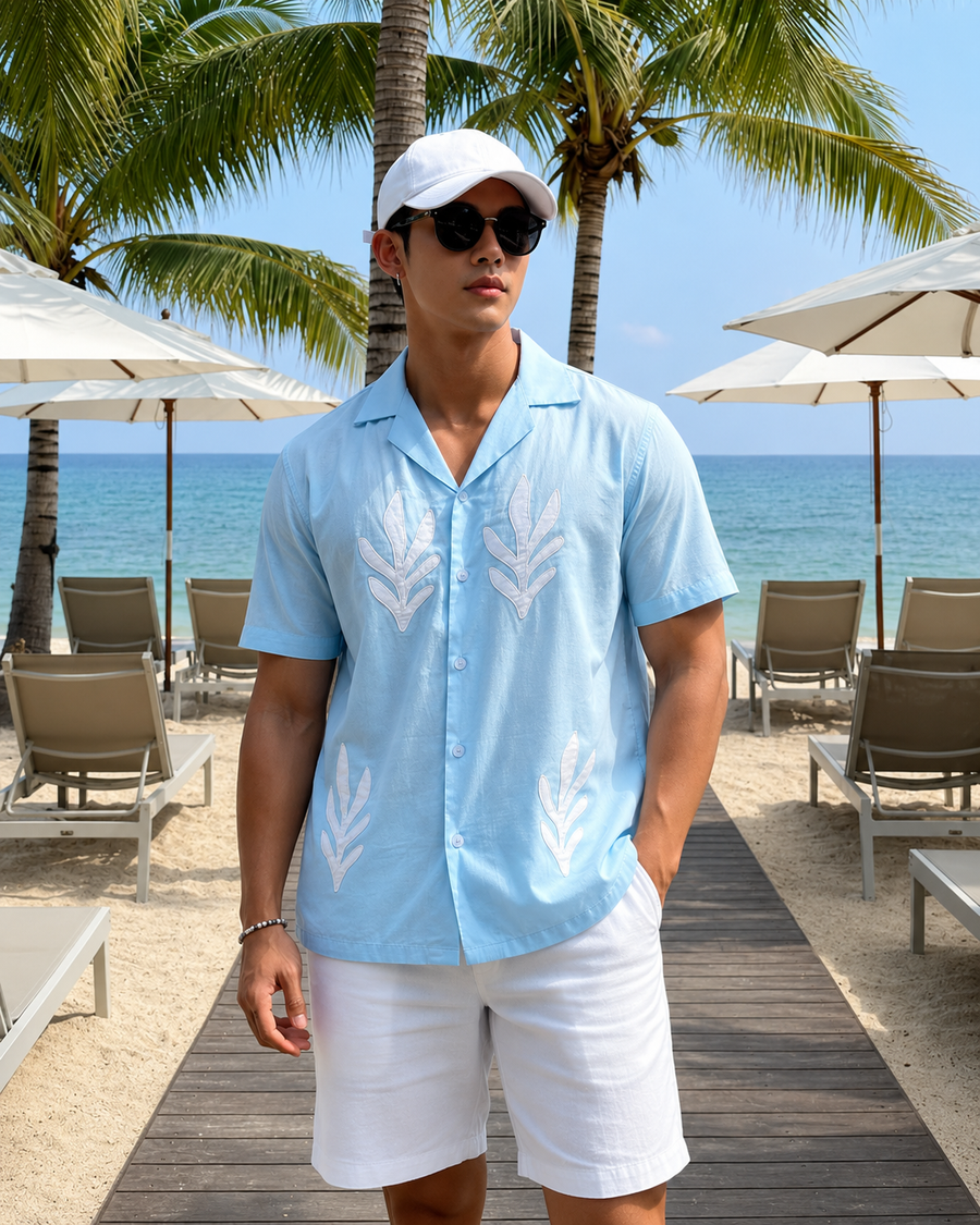Sky Blue Cuban Collar Shirt for Men