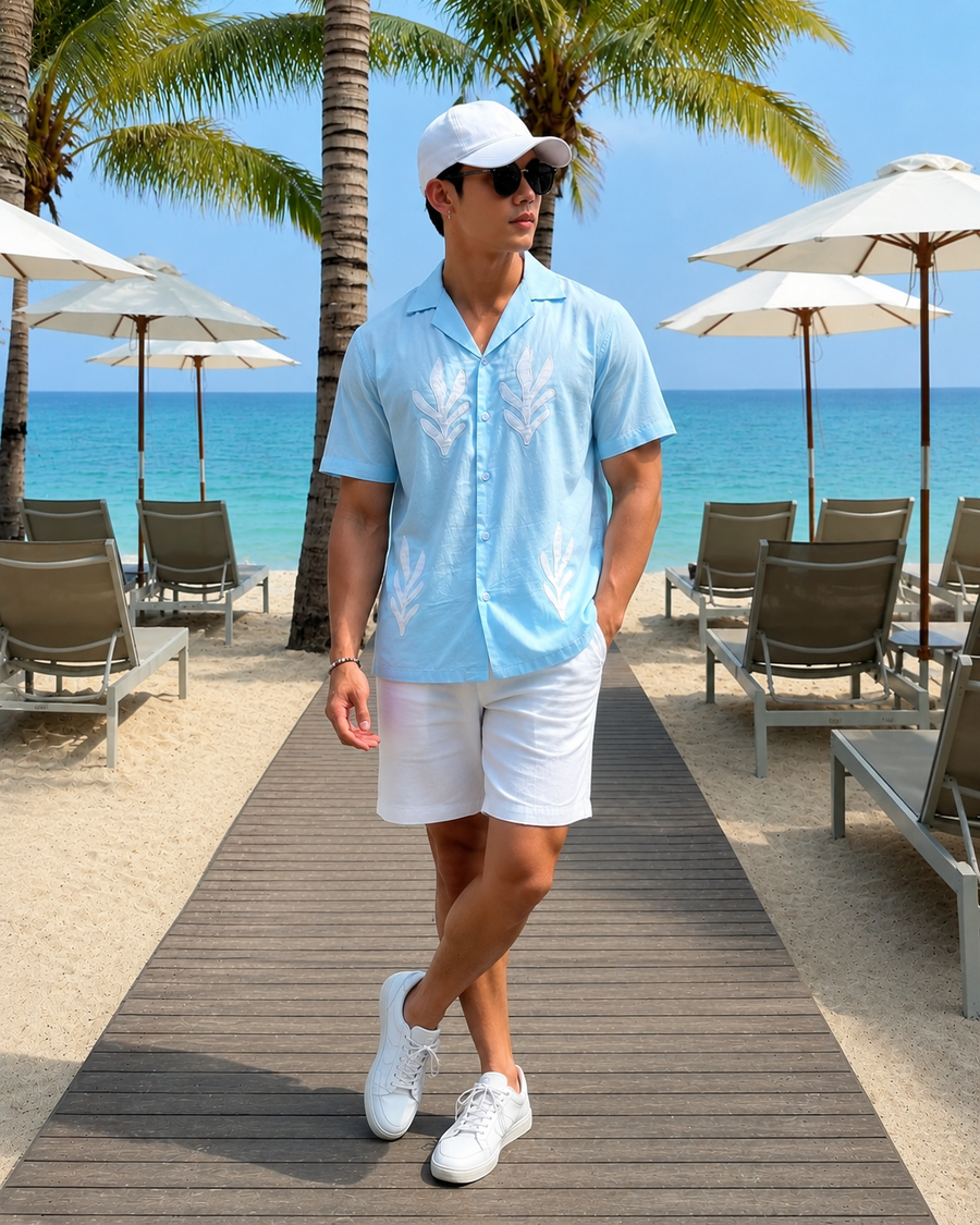 Sky Blue Cuban Collar Shirt for Men