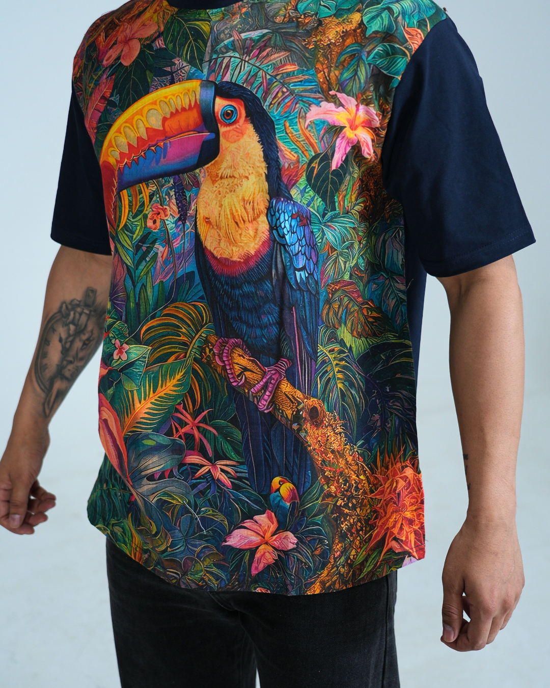 organic Navy Blue Hemp tshirt with DTG print