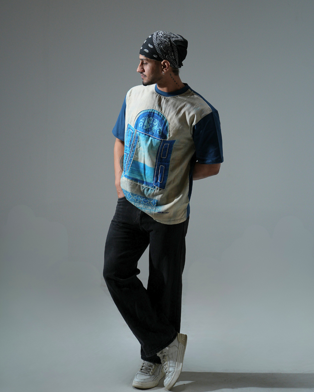 organic Blue Hemp Window View tshirt with DTG print & with hand dori work