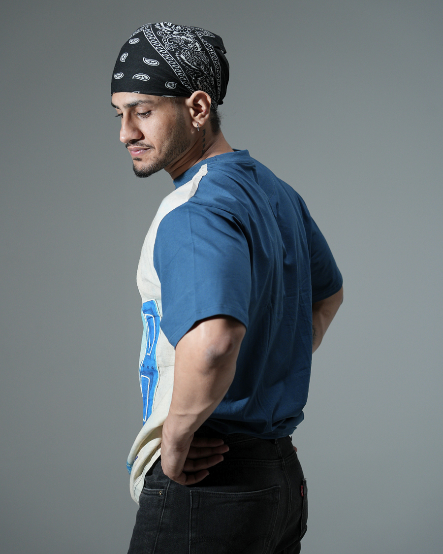 organic Blue Hemp Window View tshirt with DTG print & with hand dori work