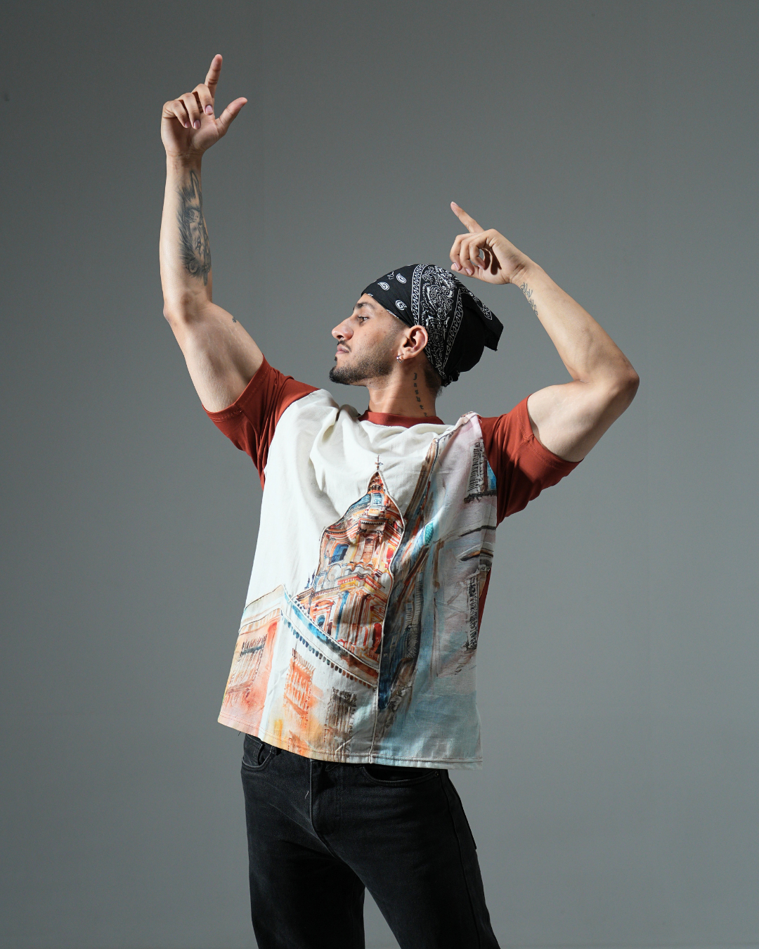 organic Rust Brown Hemp Street View tshirt with DTG print & with hand dori work