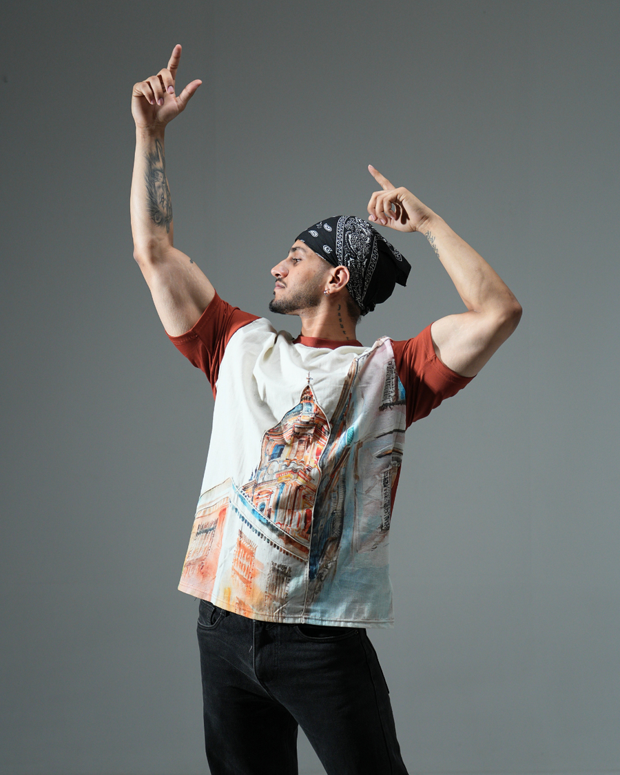 organic Rust Brown Hemp Street View tshirt with DTG print & with hand dori work