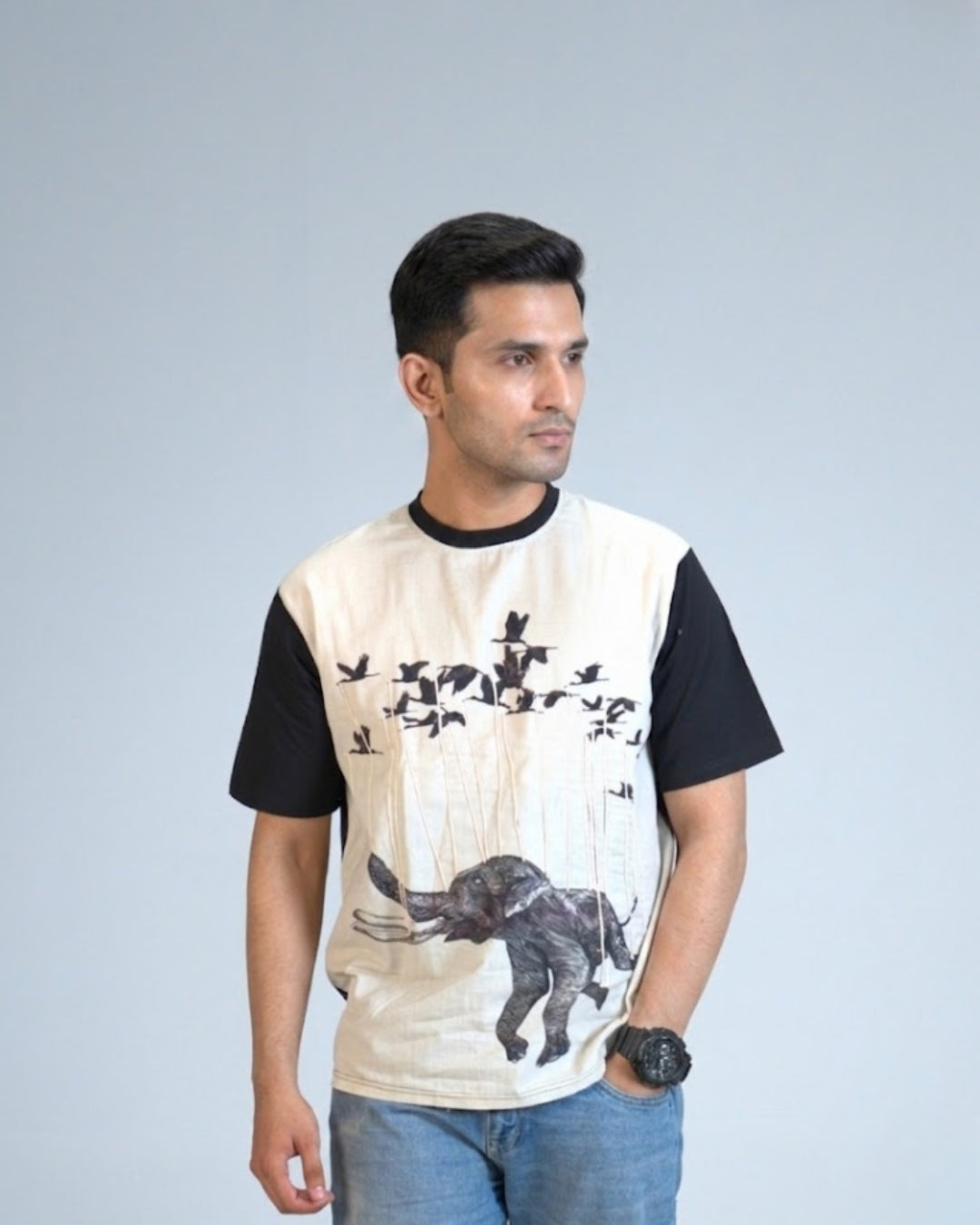 organic Black Hemp Flying Elephant tshirt with DTG print & with hand dori work