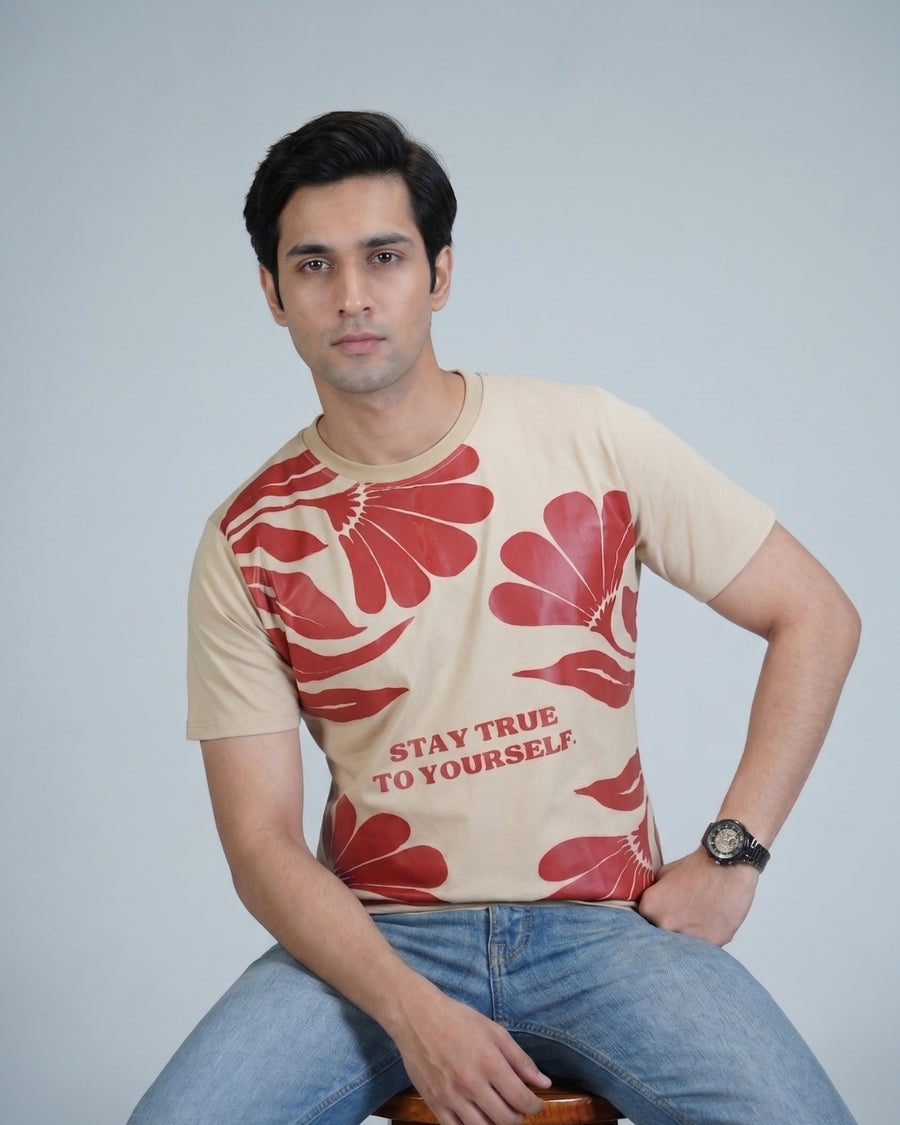 Premium Light Beige Round neck tshirt with water print