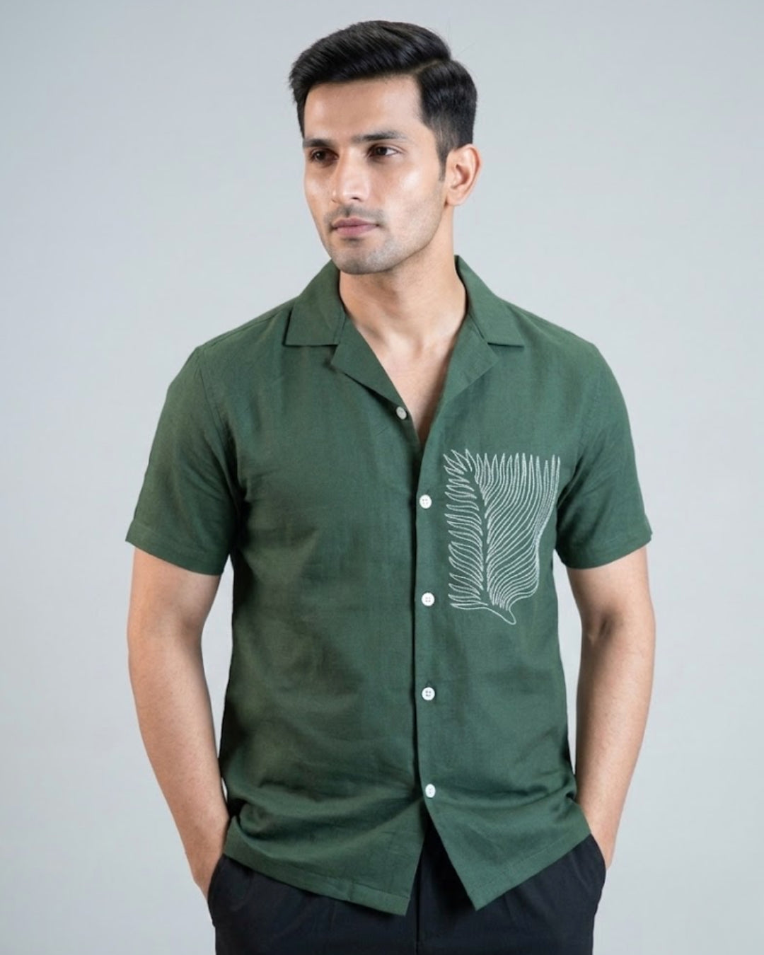 Premium Dark Green Hand & embroidery work casual shirt