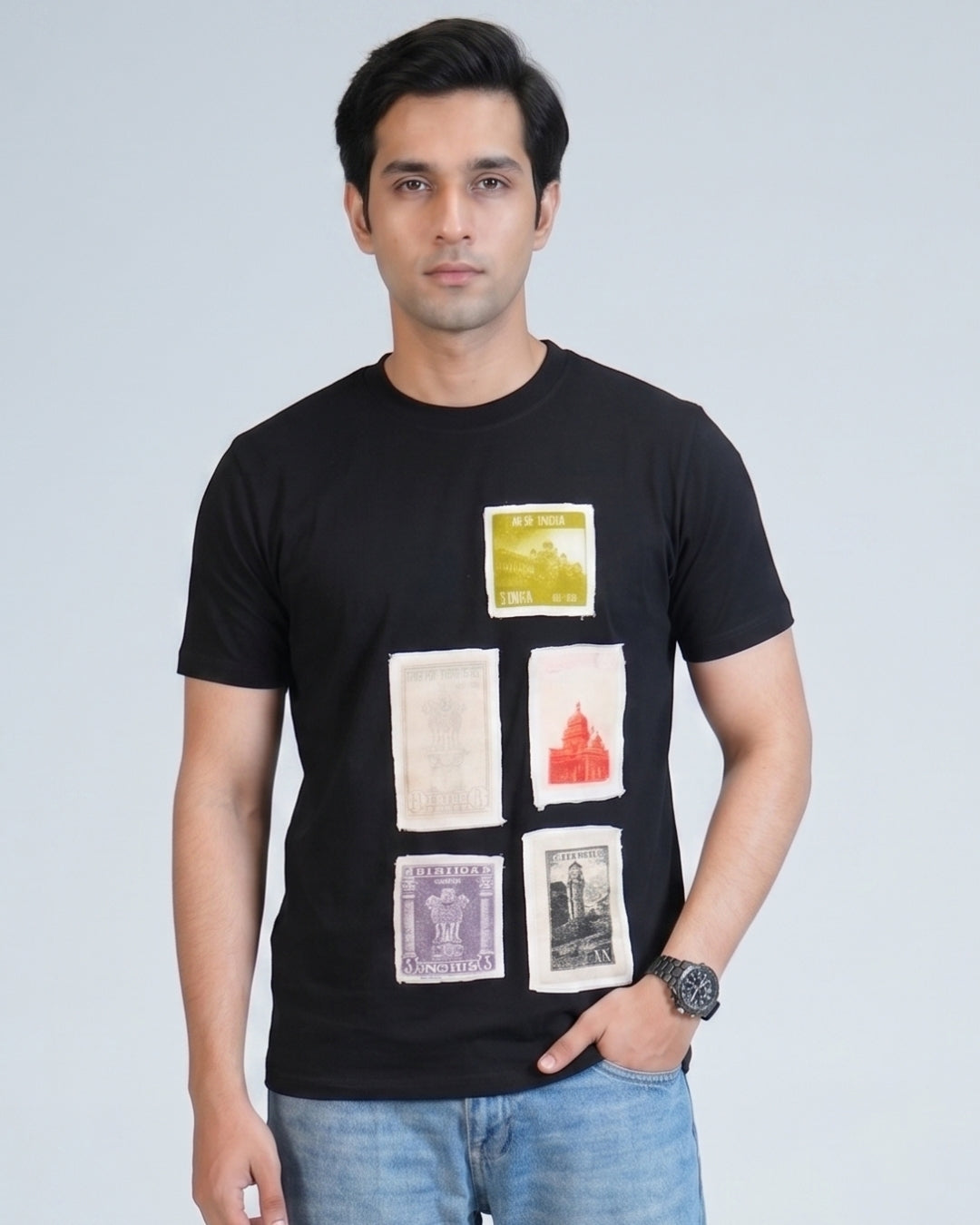 Premium Black Round neck Indian Stamps tshirt with fabric patching