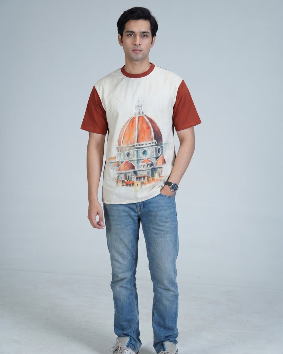 organic Rust Brown Hemp Heritage Site View tshirt with DTG print & with hand dori work
