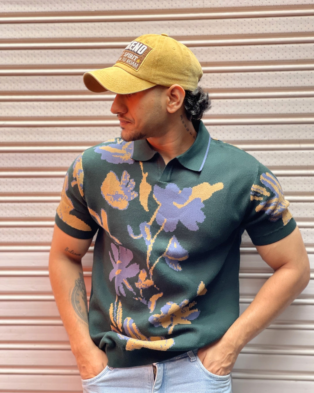 German Jacquard knitted premium heavy quality luxury wear contrast design Dark Green t-shirt