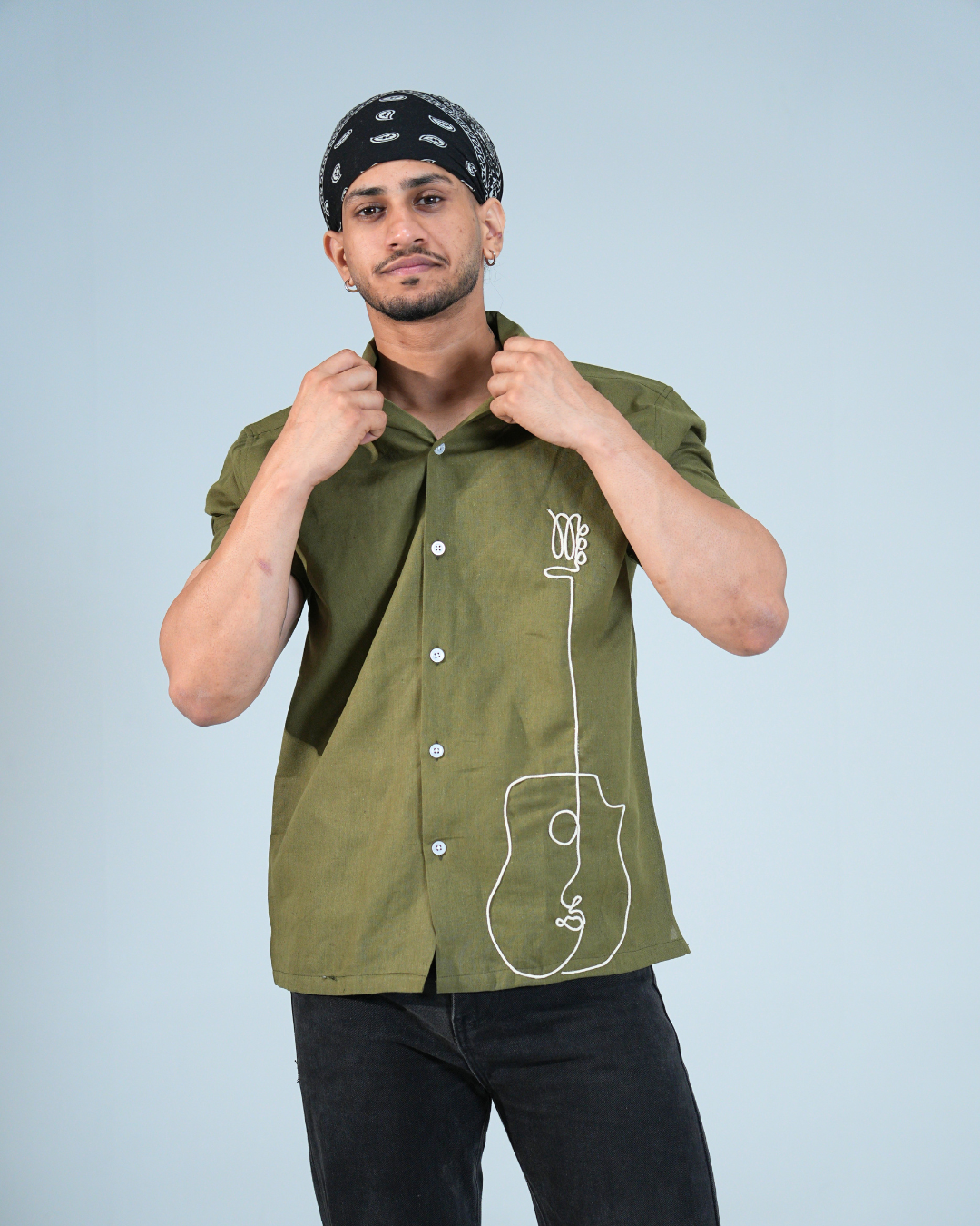 Premium Olive Green Hand & embroidery work casual shirt