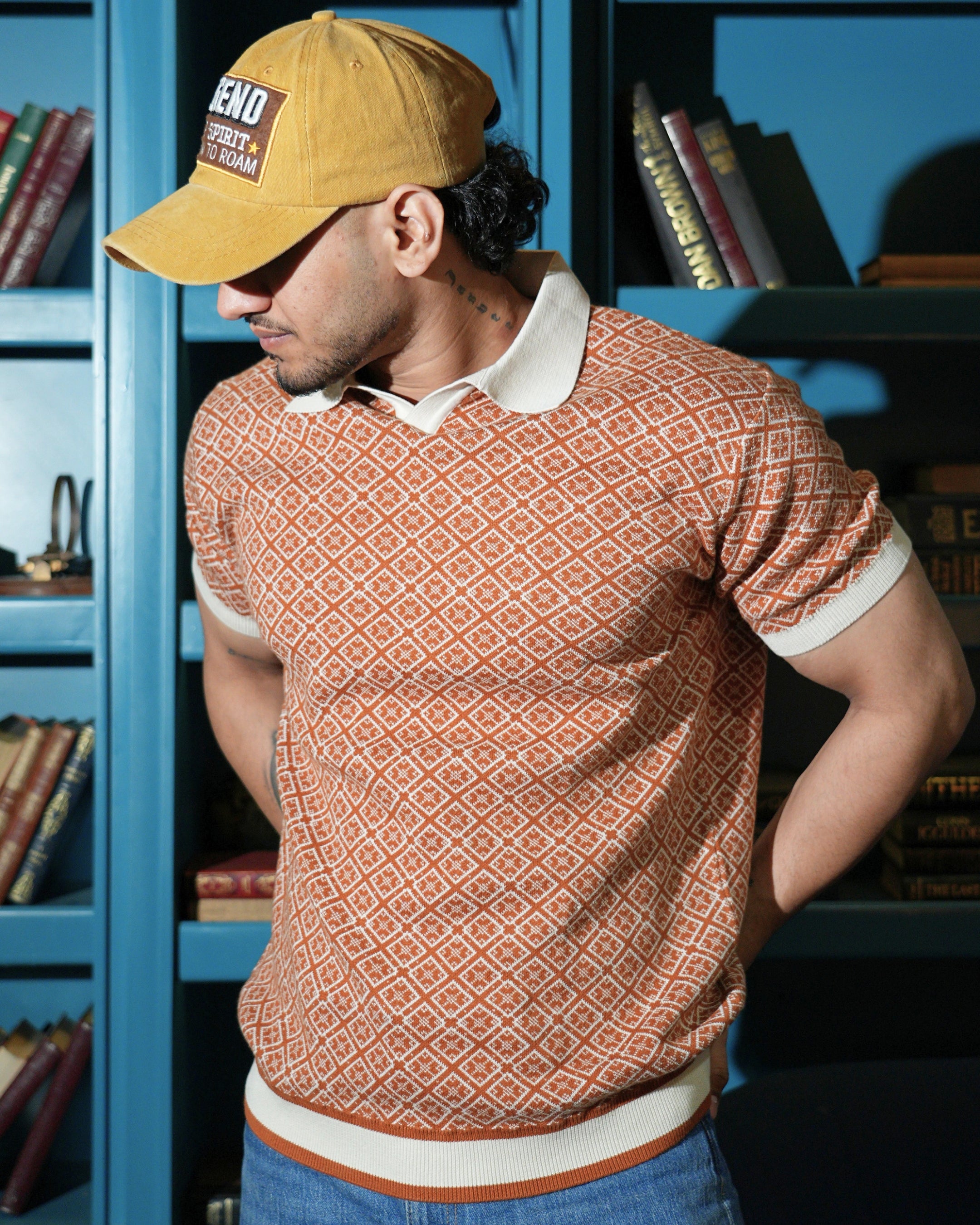 German Jacquard knitted premium heavy quality luxury wear self textured Orange t-shirt
