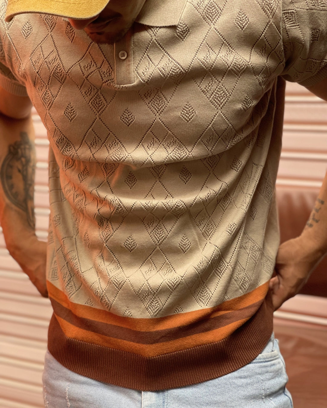 German Jacquard knitted premium heavy quality luxury wear self textured Muddy Beige t-shirt
