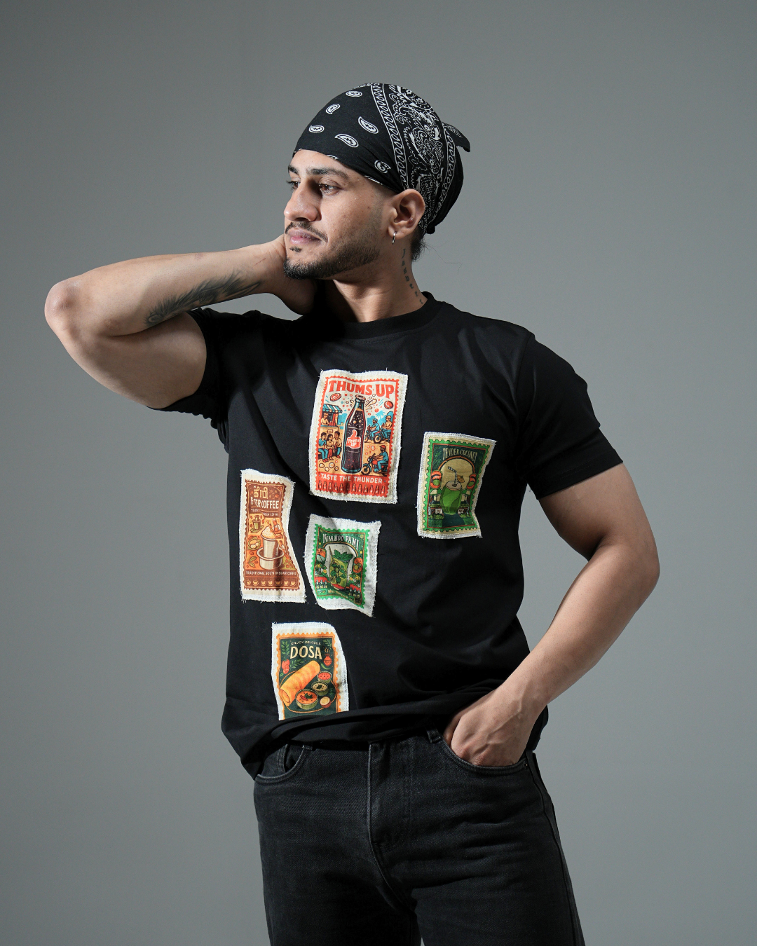 Premium Black Round neck Street Food tshirt with fabric patching